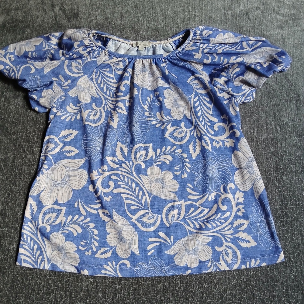 Chenault Women Blue White Floral Paisley Flutter Sleeve Blouse Top size Large